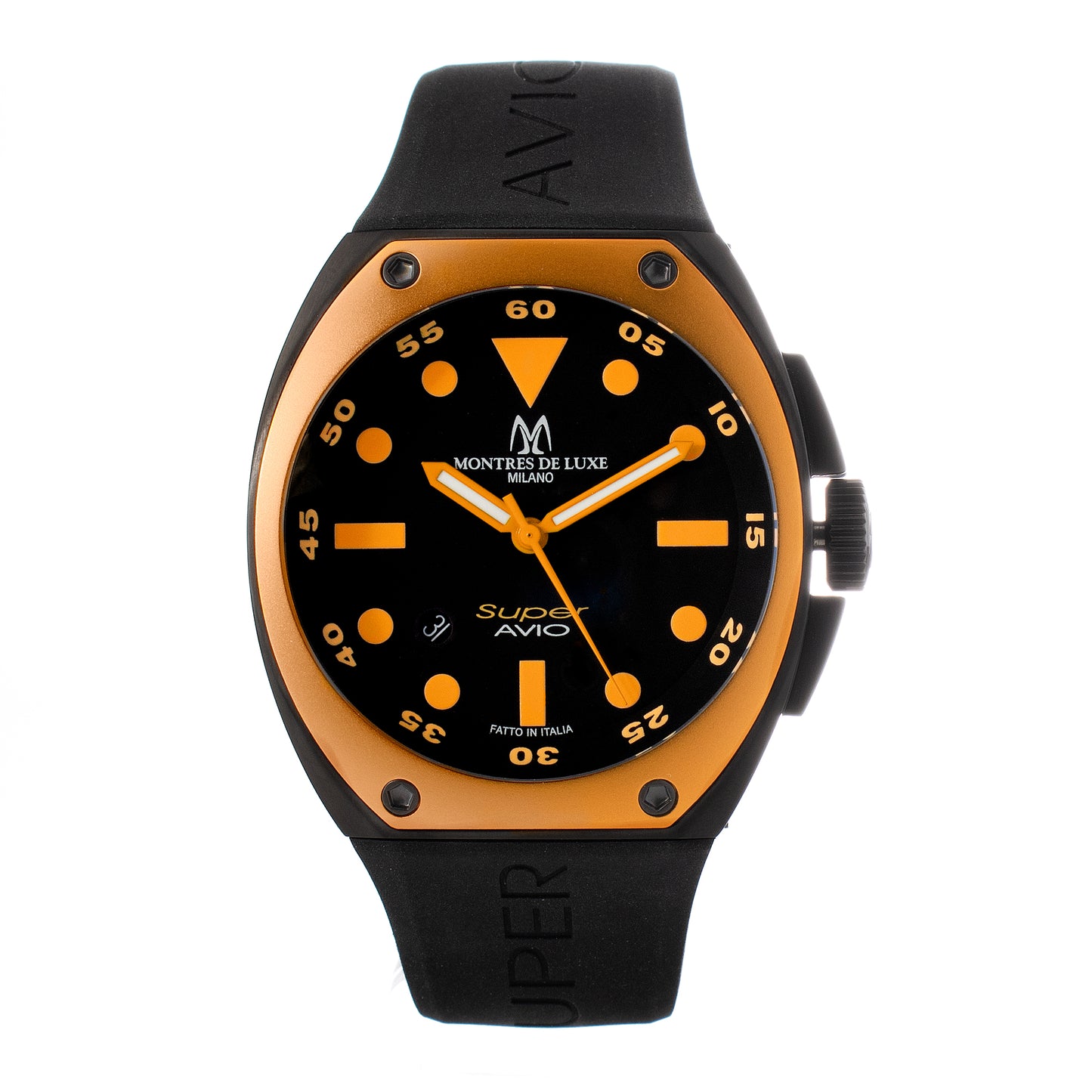 Montres De Luxe 09SA-BK-1002 watch for man with a black dial and rubber strap.