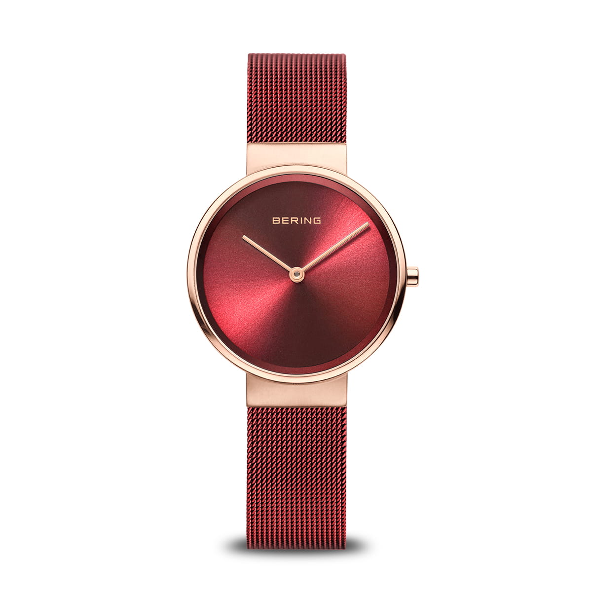 Bering 14531-363 watch for women with a red dial and stainless steel strap.