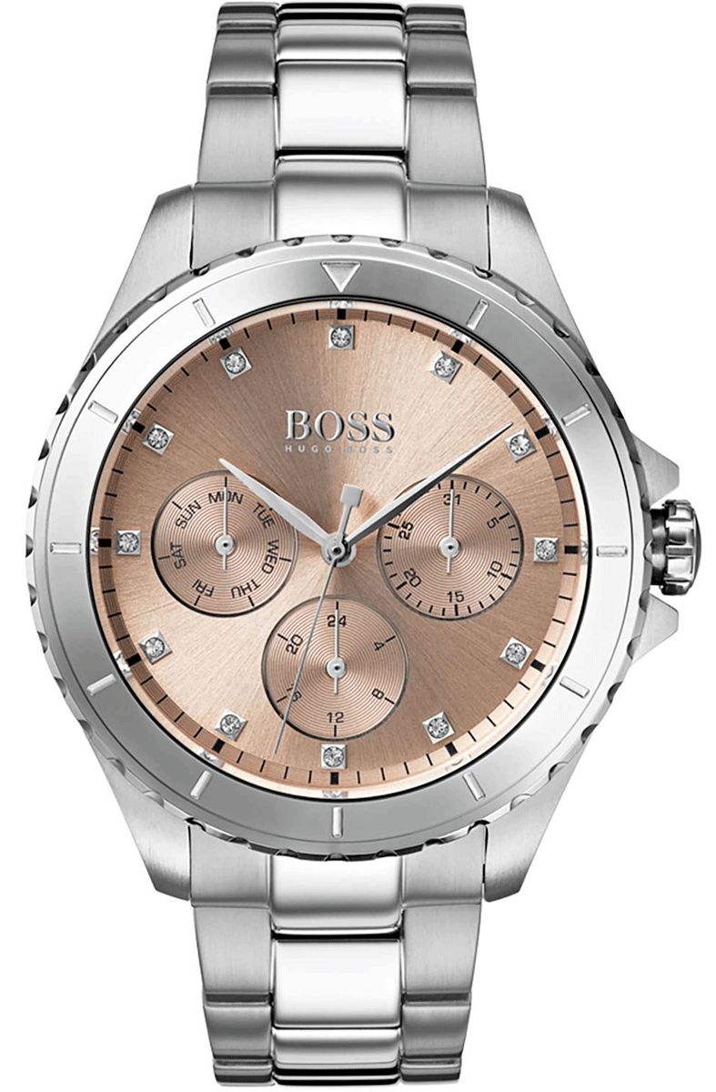 Hugo Boss 1502444 watch for women with a pink dial and stainless steel strap.