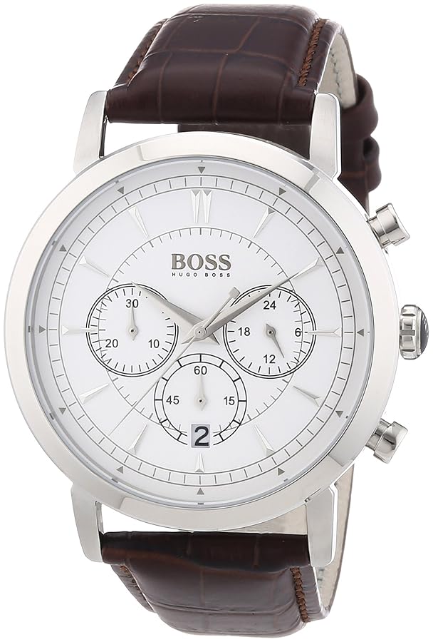 Hugo Boss 1512871 watch for man with a white dial and leather strap.