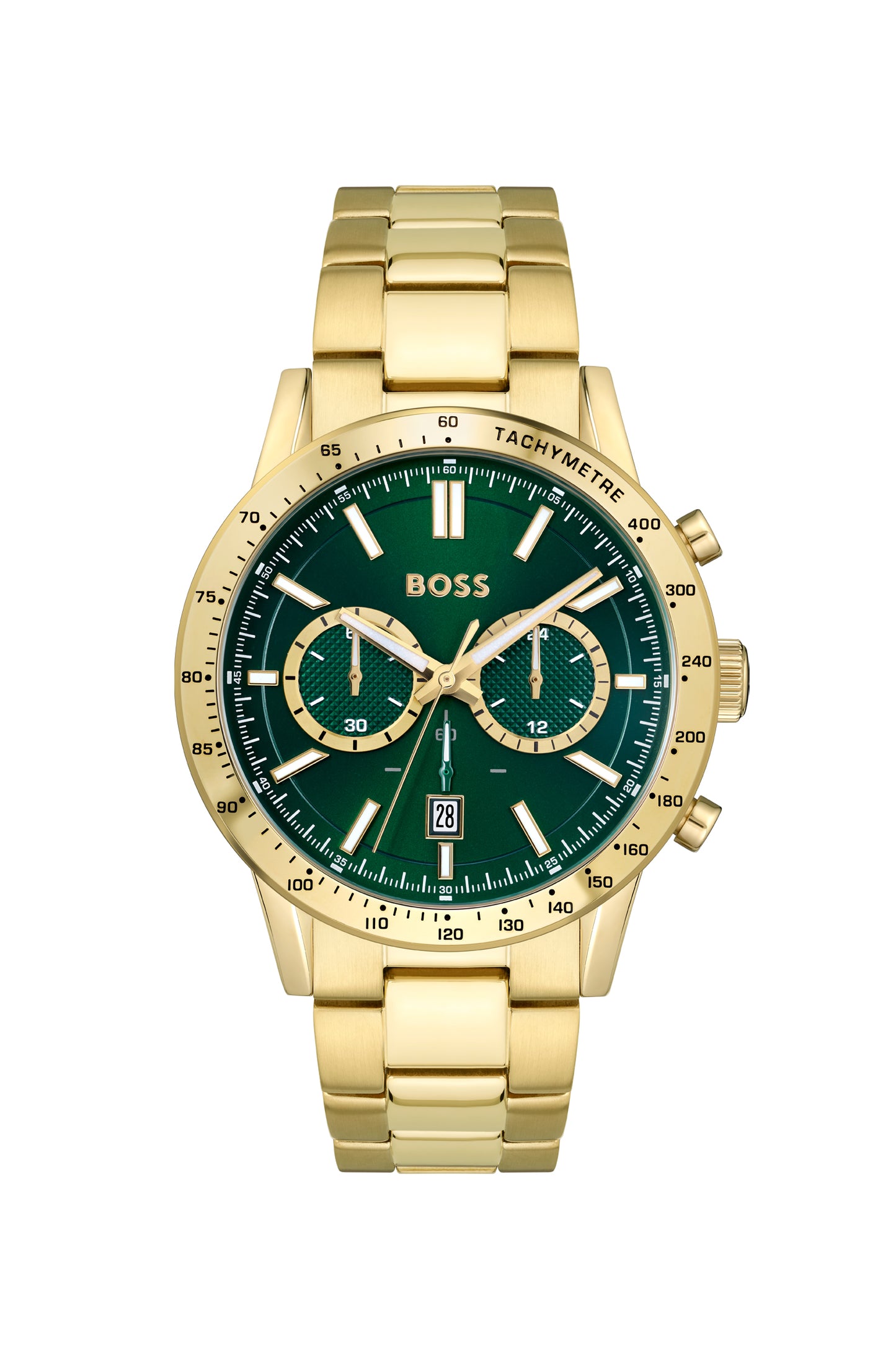 Boss 1513923 watch for man with a green dial and stainless steel strap.