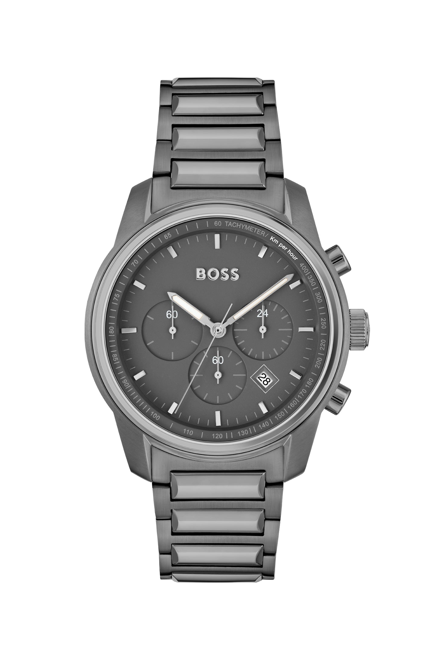 Boss 1514005 watch for man with a grey dial and stainless steel strap.