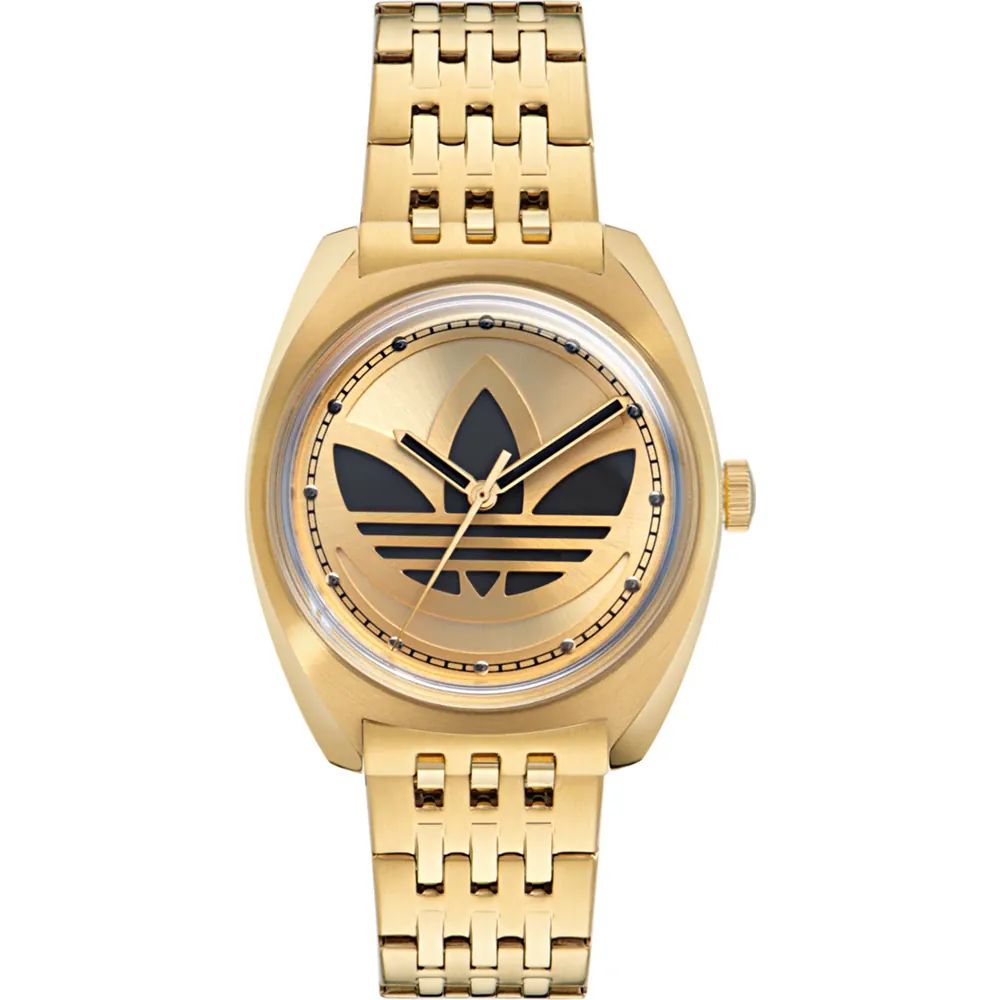 Adidas AOFH23509 watch for unisex with a golden dial and stainless steel strap.