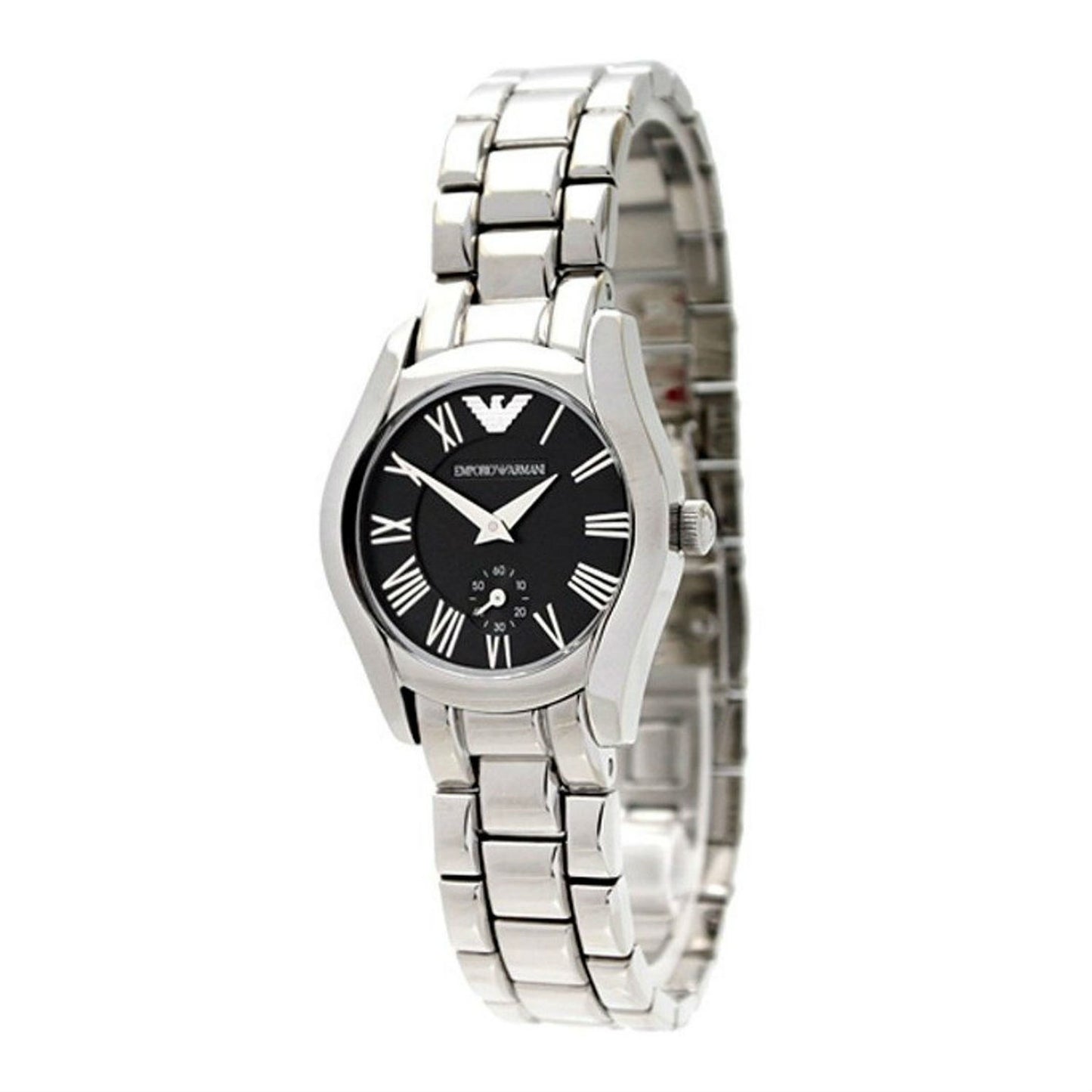 Armani AR0695 watch for women with a black dial and steel strap.