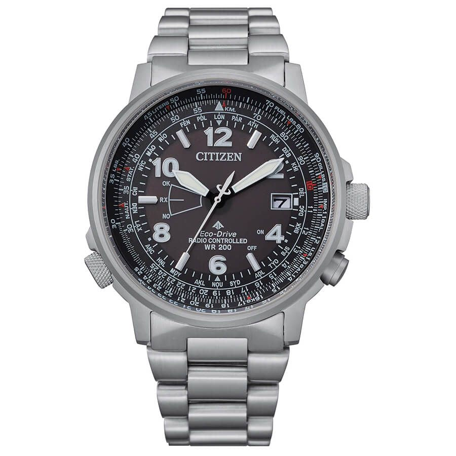 Citizen CB0240-88E watch for man with a black dial and stainless steel strap.