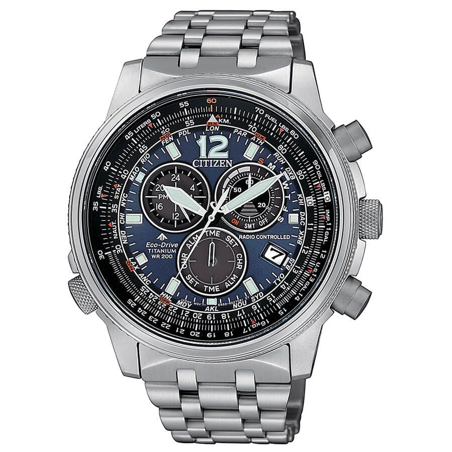 Citizen CB5850-80L watch for man with a blue dial and titanium strap.