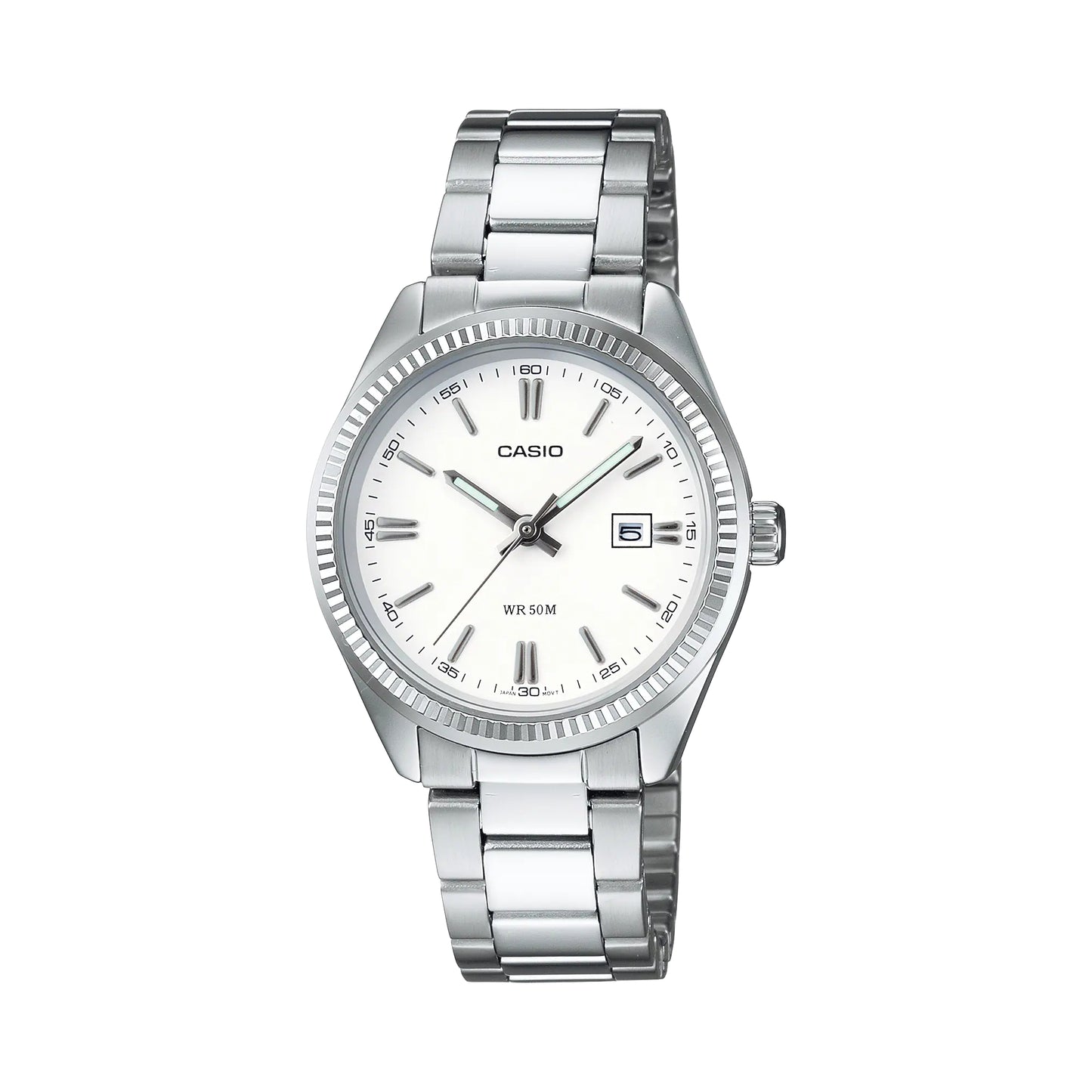 Casio LTP-1302PD-7A1VEG watch for unisex with a white dial and stainless steel strap.