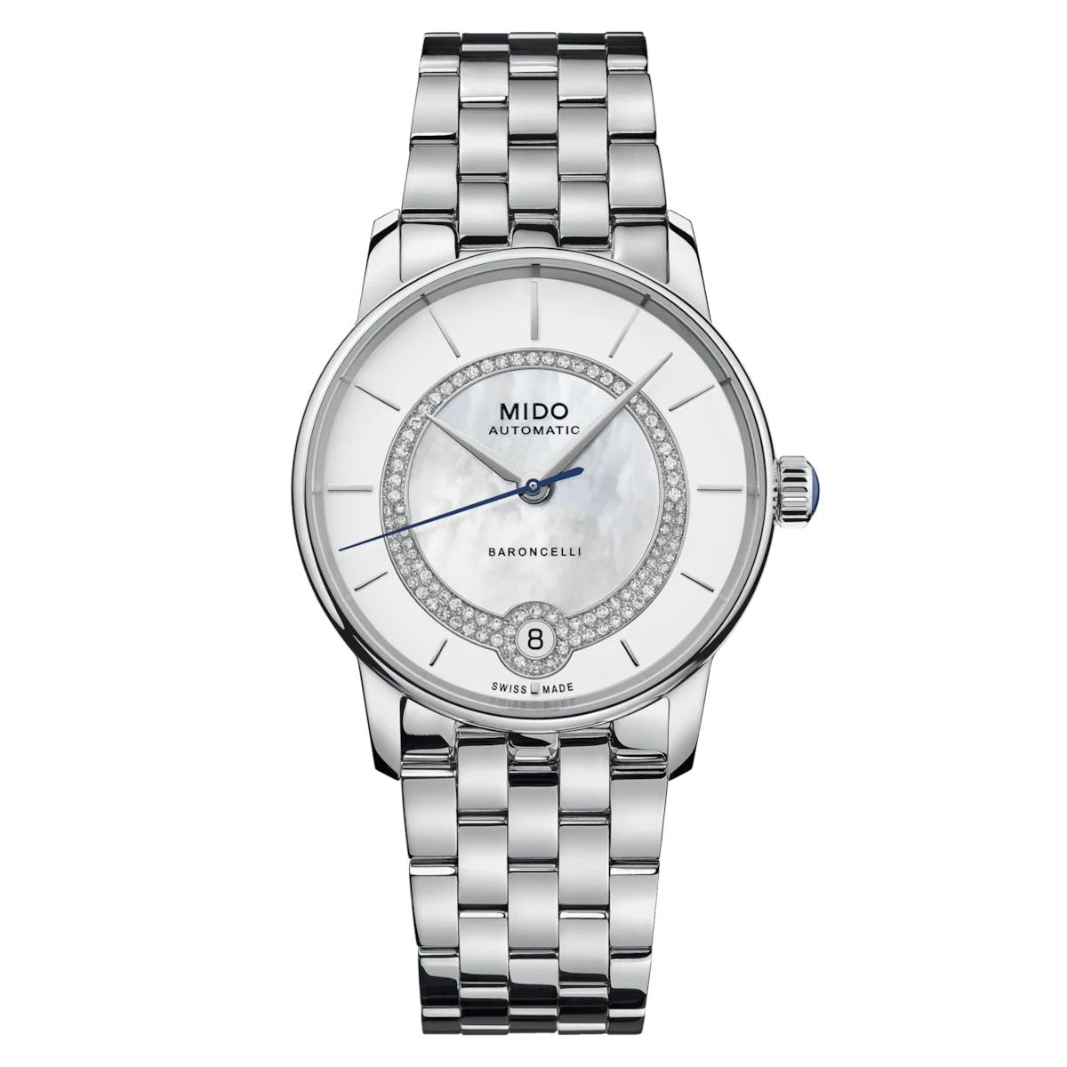 Mido M0378071103100 watch for woman with a white dial and stainless steel strap.