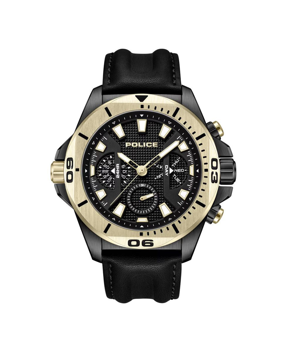 Police PEWJF0022501 watch for man with a black dial and synthetic leather strap.