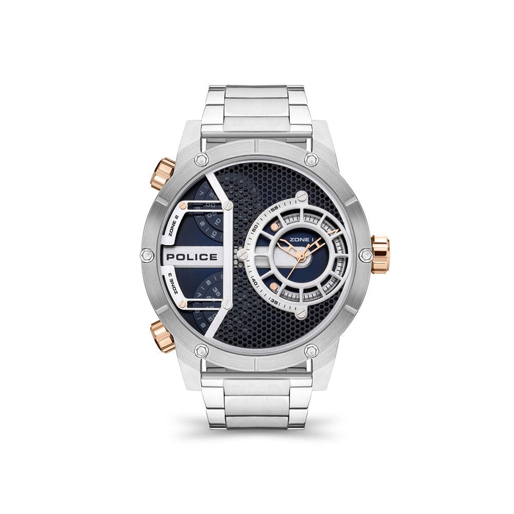 Police PEWJG2118104 watch for man with a blue dial and stainless steel strap.