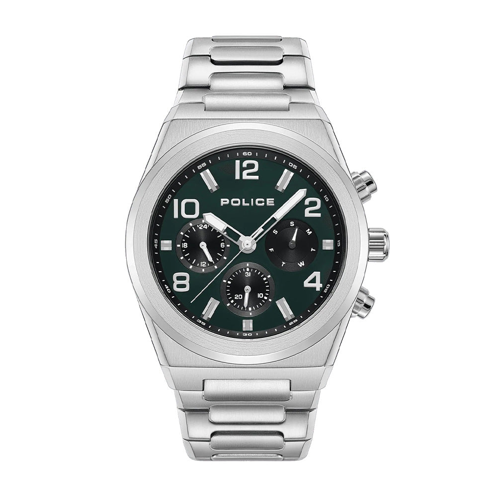 Police PEWJK2226703 watch for man with a green dial and stainless steel strap.