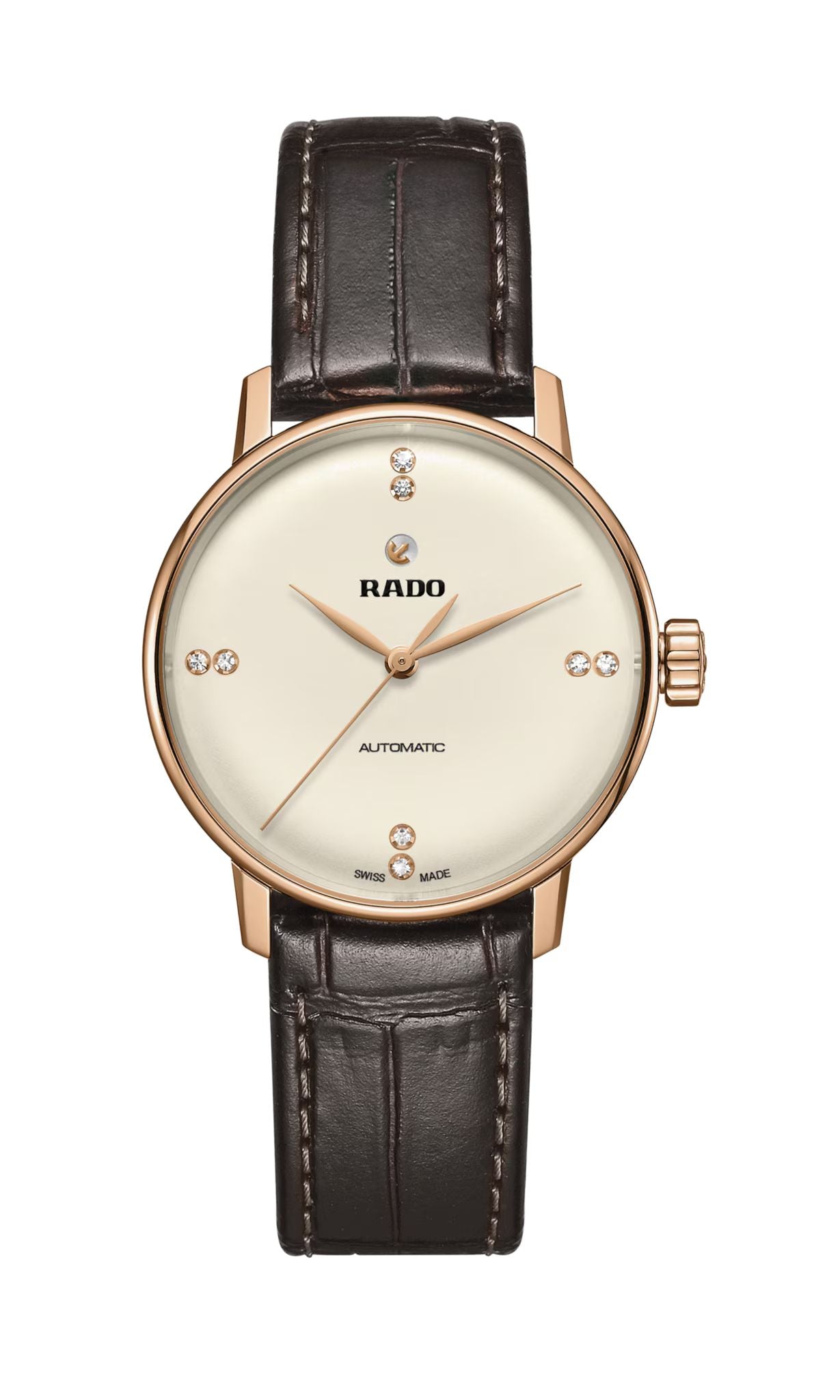 Rado R22865765 watch for woman with a white dial and leather strap.