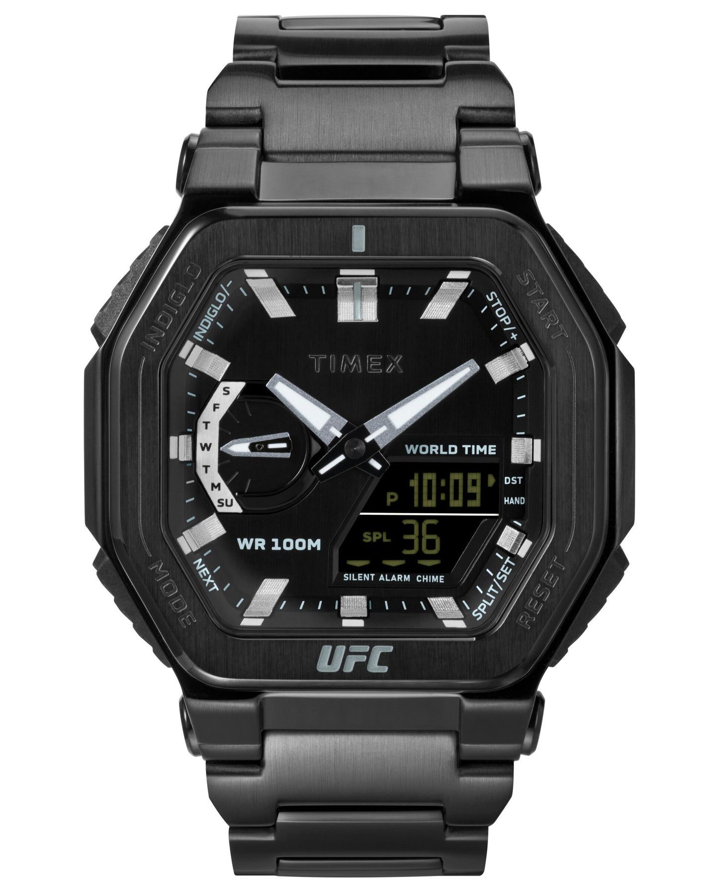 Timex TW2V84800 watch for man with a black dial and stainless steel strap.