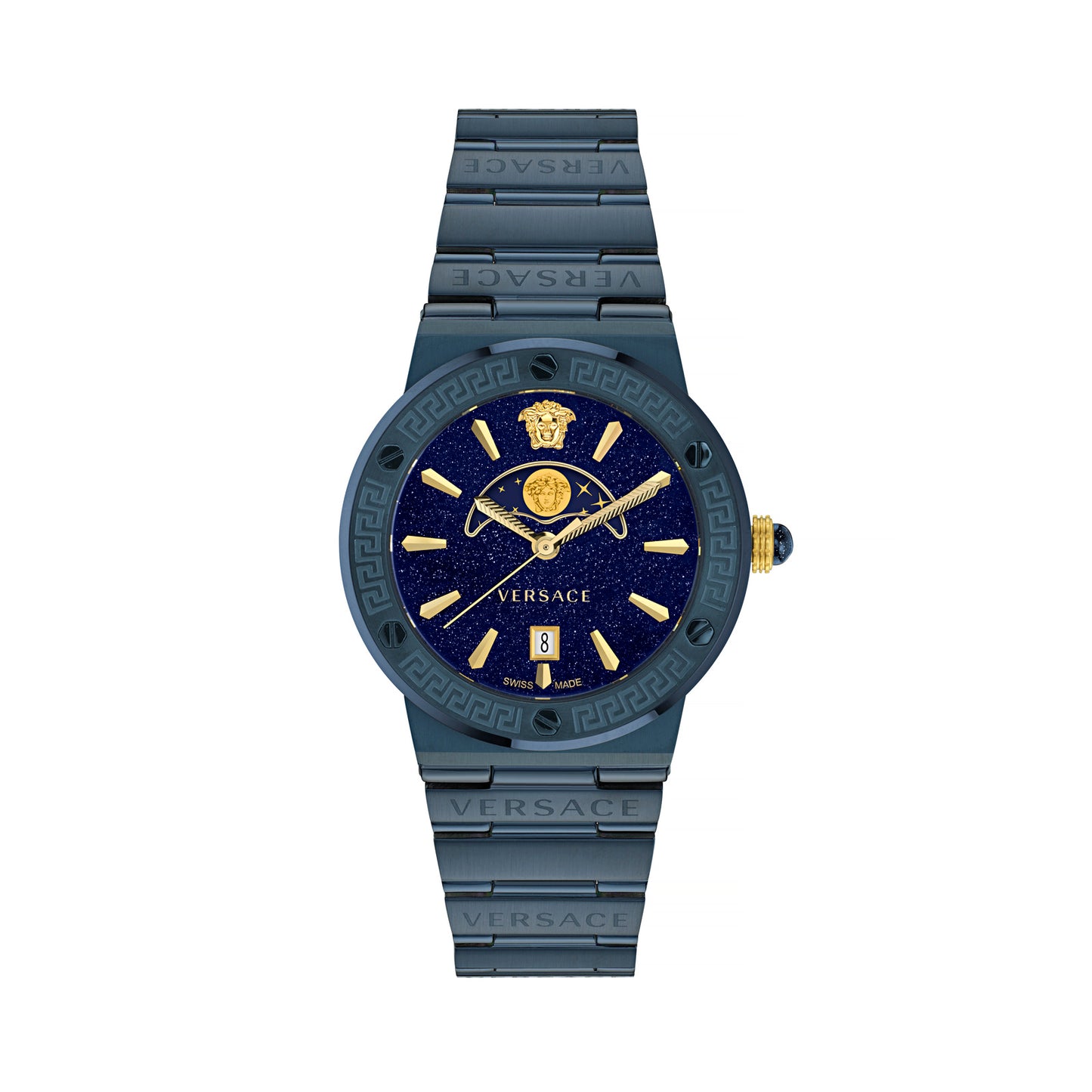 Versace VE7G00423 watch for man with a blue dial and stainless steel strap.