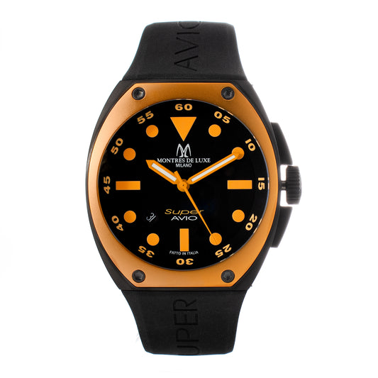 Montres De Luxe 09SA-BK-1002 watch for man with a black dial and rubber strap.