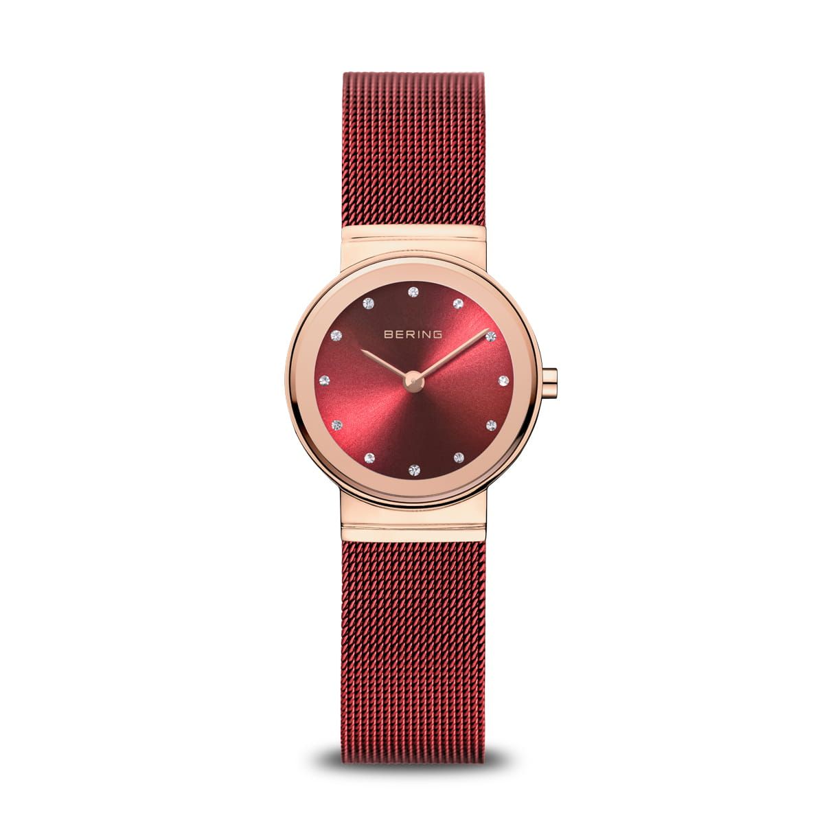 Bering 10126-363 watch for women with a red dial and steel strap.