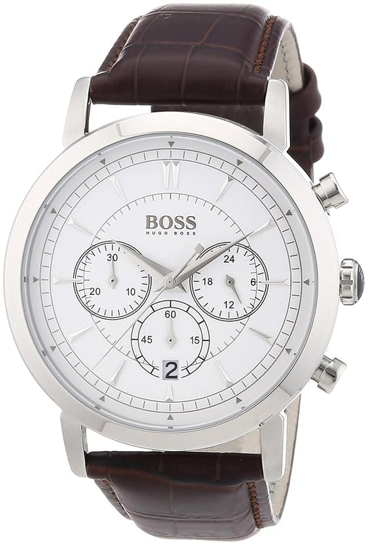 Hugo Boss 1512871 watch for man with a white dial and leather strap.