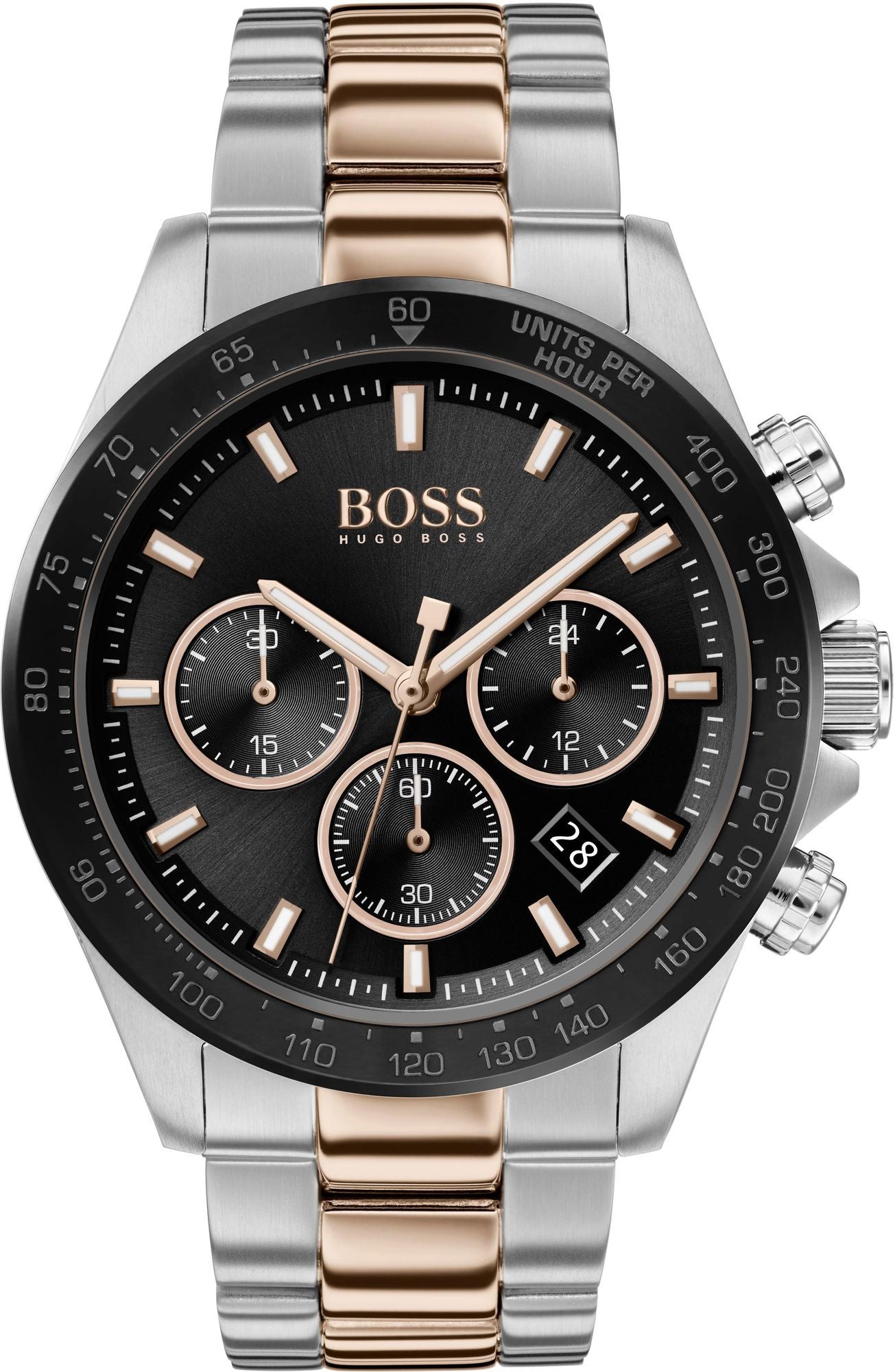 Boss 1513757 watch for man with a black dial and stainless steel strap.