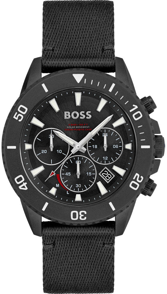 Boss 1513918 watch for man with a black dial and nylon strap.