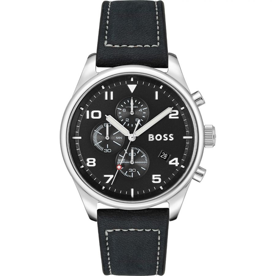 Boss 1513987 watch for man with a black dial and leather strap.