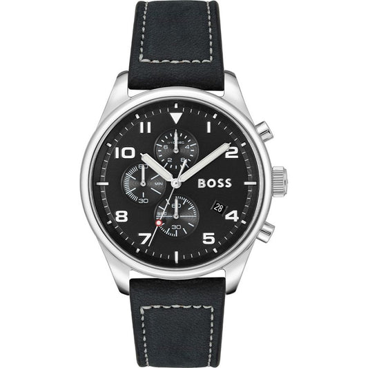 Boss 1513987 watch for man with a black dial and leather strap.