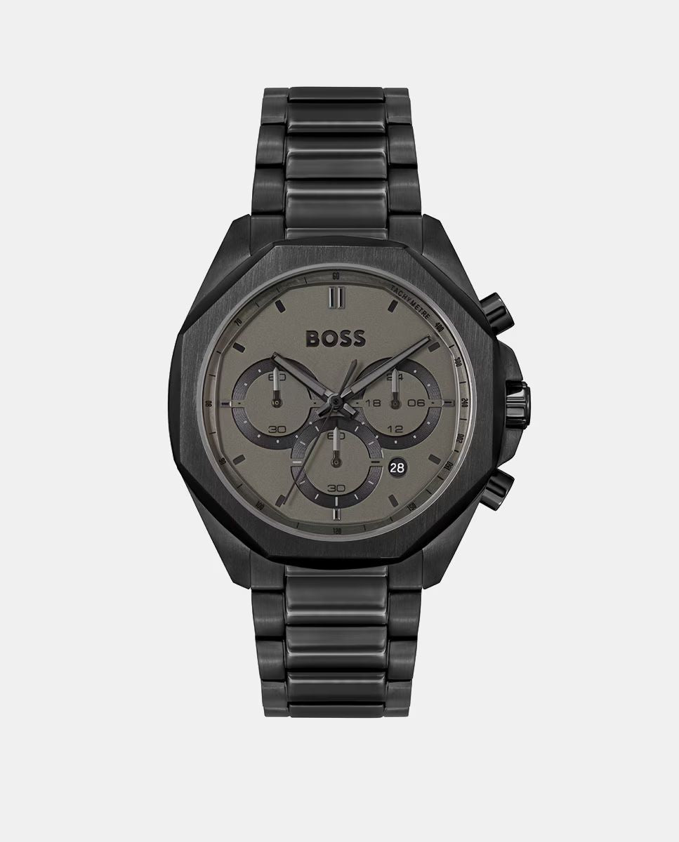 Boss 1514016 watch for man with a black dial and stainless steel strap.