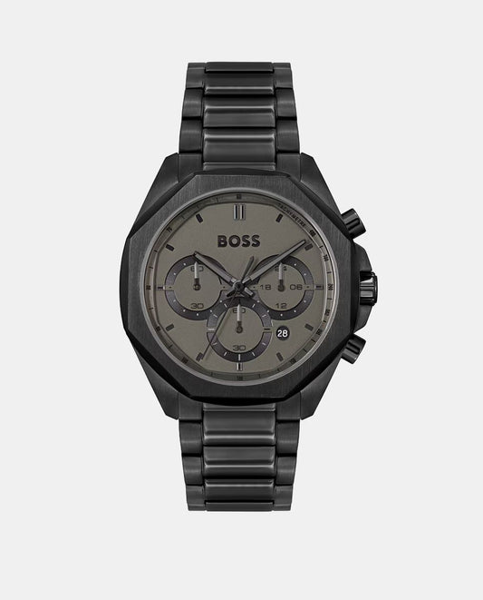 Boss 1514016 watch for man with a black dial and stainless steel strap.