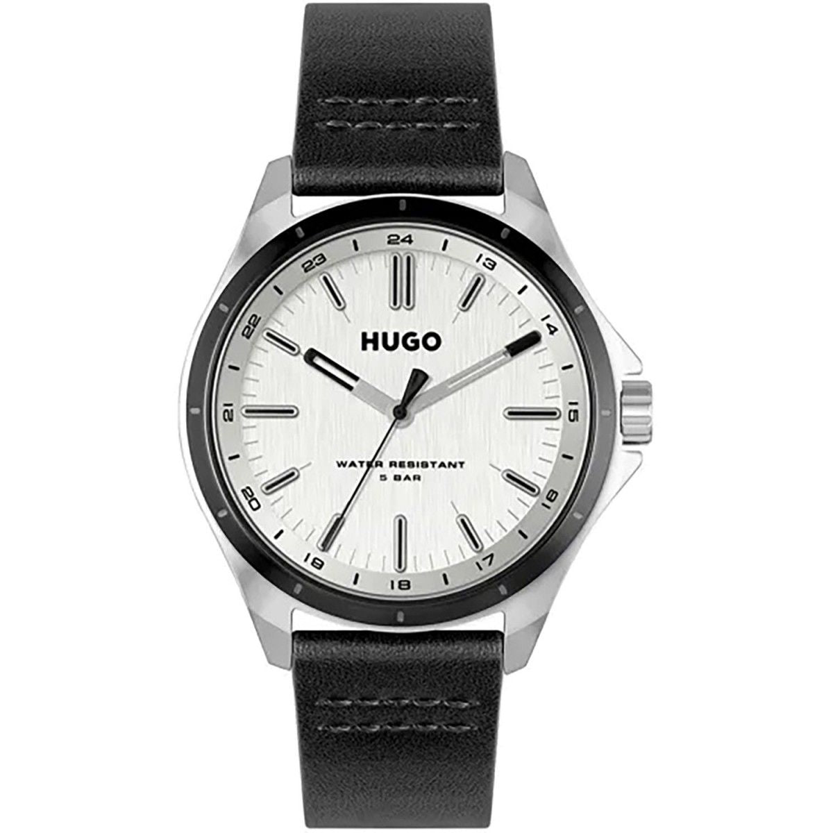 Hugo 1530325 watch for man with a silver dial and leather strap.