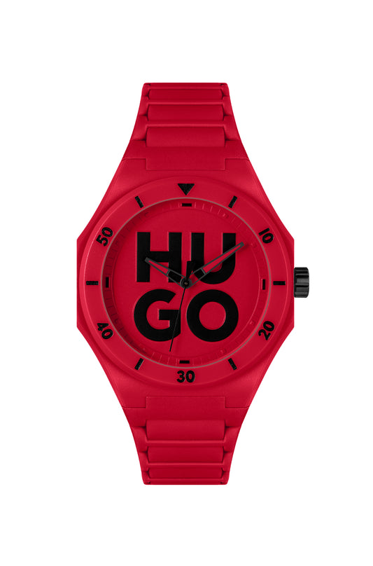 Hugo 1530328 watch for man with a red dial and resin strap.
