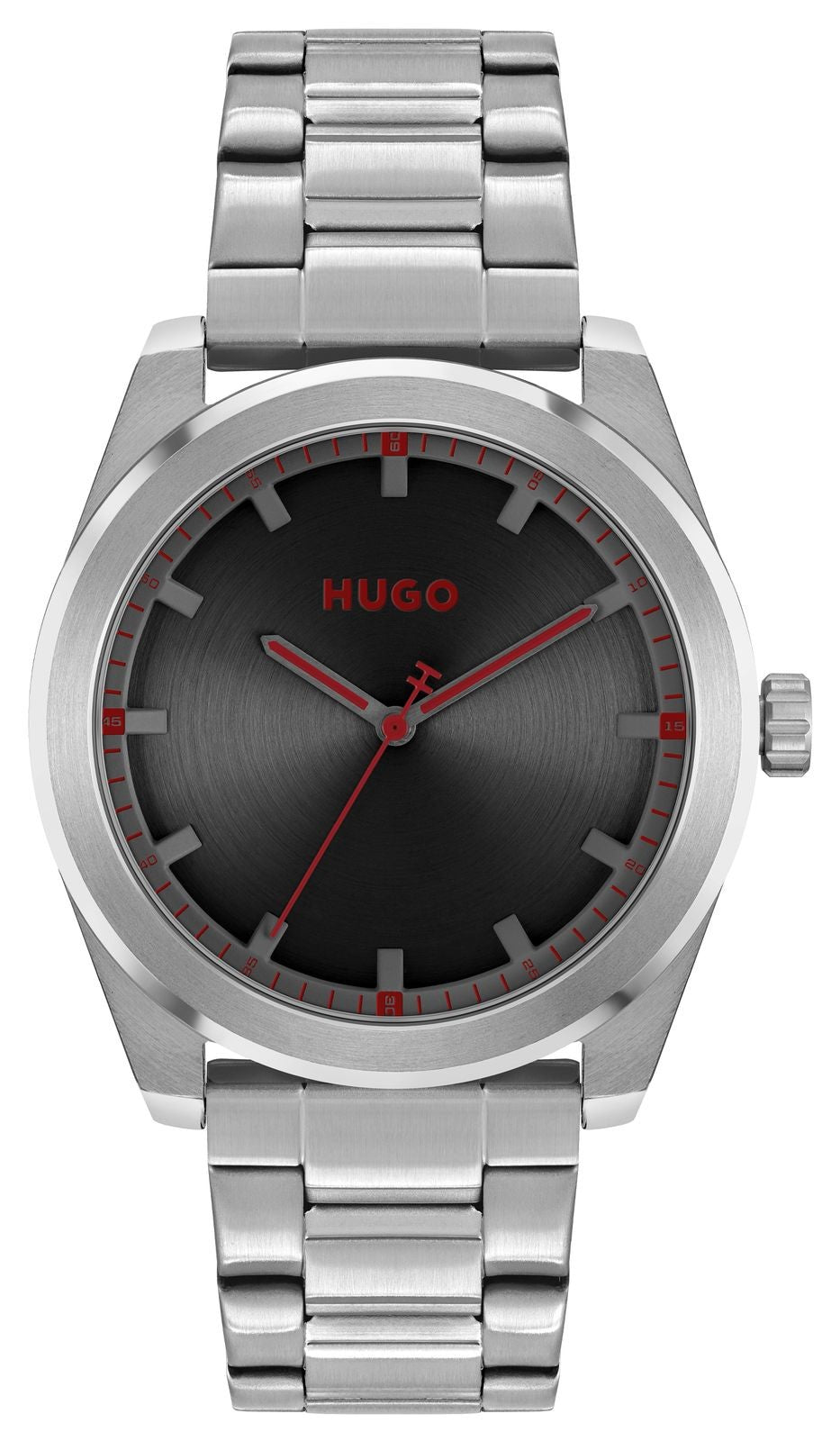Hugo 1570175 watch for man with a black dial and stainless steel strap.