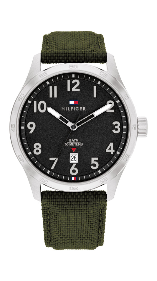 Tommy Hilfiger 1710593 watch for man with a silver dial and leather strap.