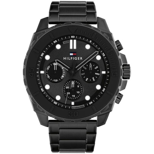 Tommy Hilfiger 1710690 watch for man with a black dial and stainless steel strap.
