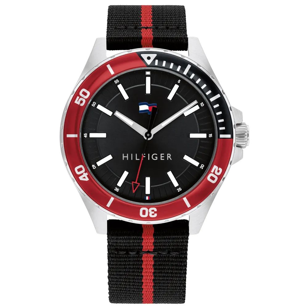 Tommy Hilfiger 1792010 watch for man with a black dial and nylon strap.
