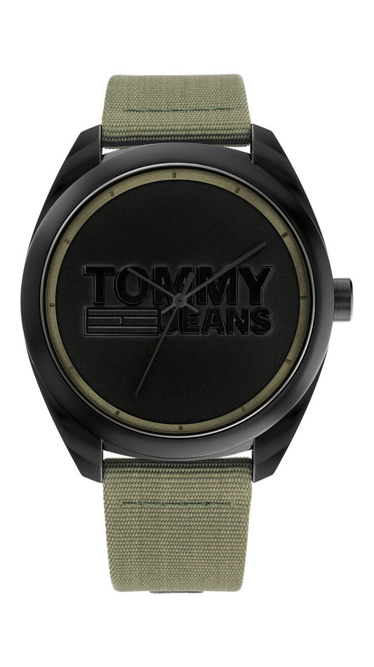 Tommy Hilfiger 1792040 watch for man with a black dial and fabric strap.