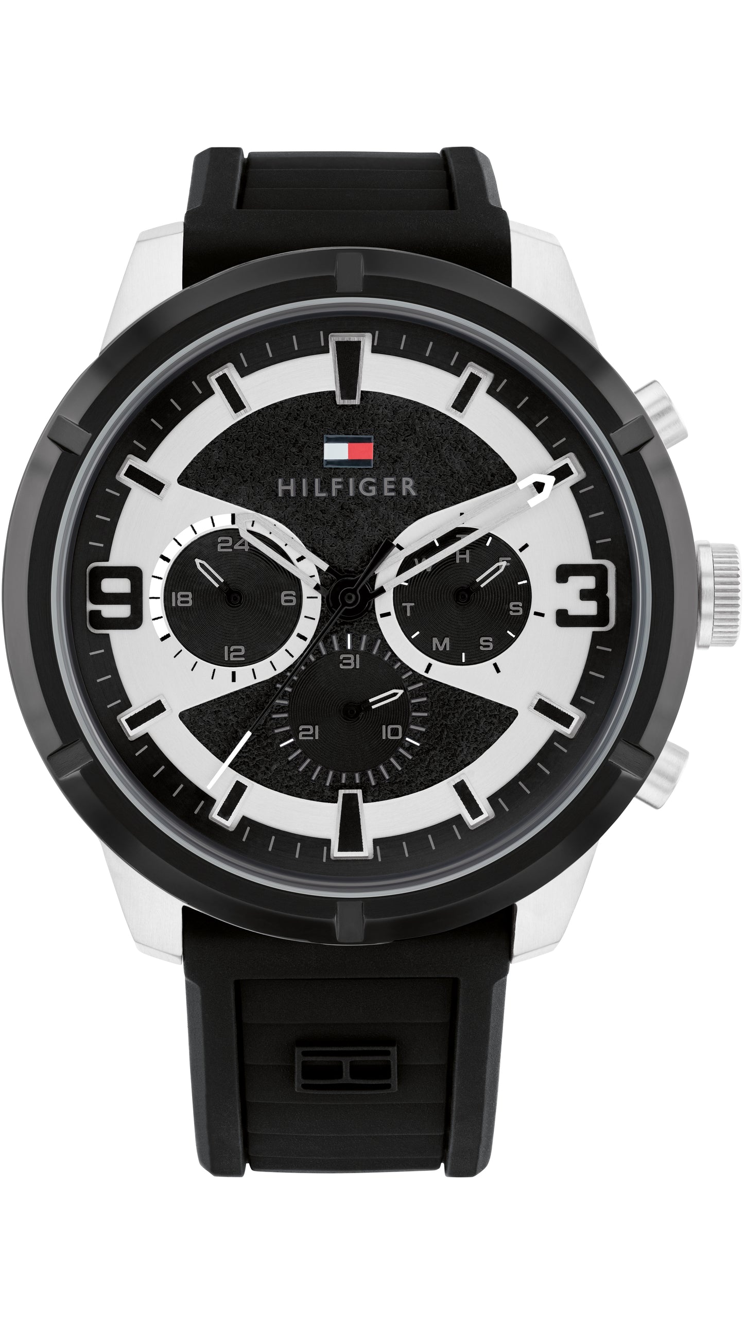 Tommy Hilfiger 1792074 watch for man with a black dial and silicone strap.