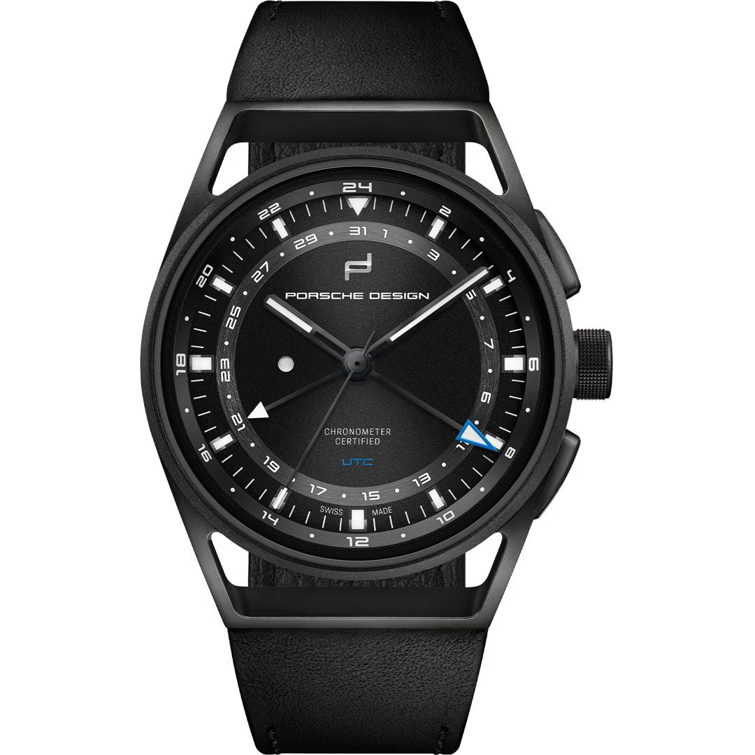 Porsche Design 6023.4.02.005.07.2 watch for man with a black dial and leather strap.