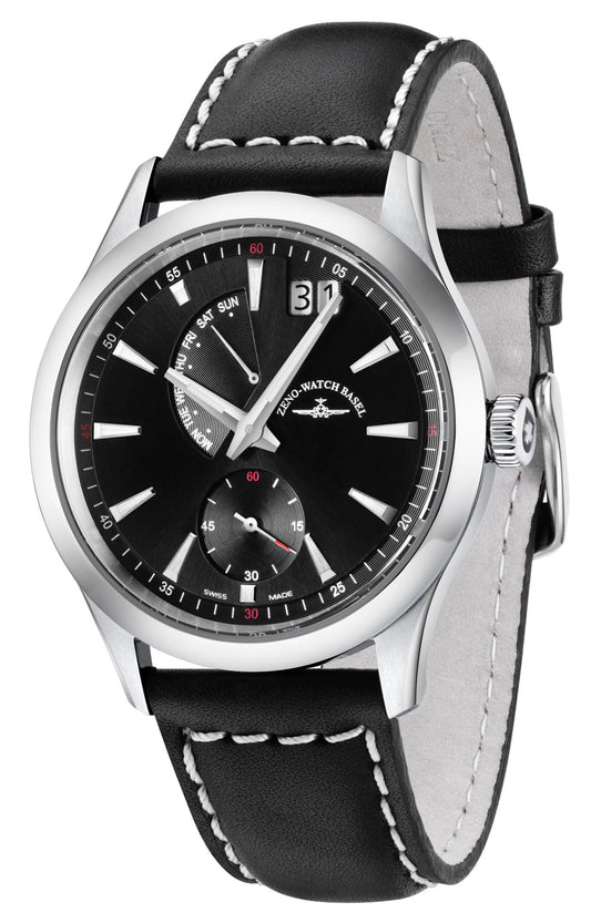 Zeno 6662-7004Q-G1 watch for man with a black dial and leather strap.