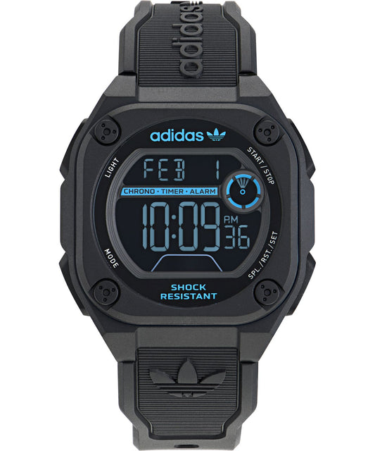 Adidas AOST23571 watch for unisex with a black dial and silicone strap.