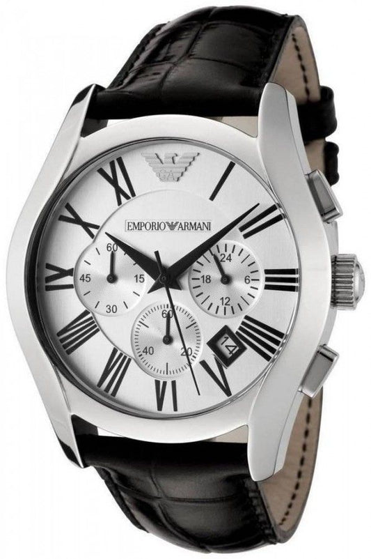 Armani AR0669 watch for man with a grey dial and leather strap.
