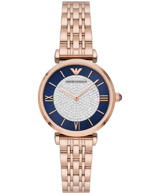 Armani AR11423 watch for women with a blue dial and stainless steel strap.