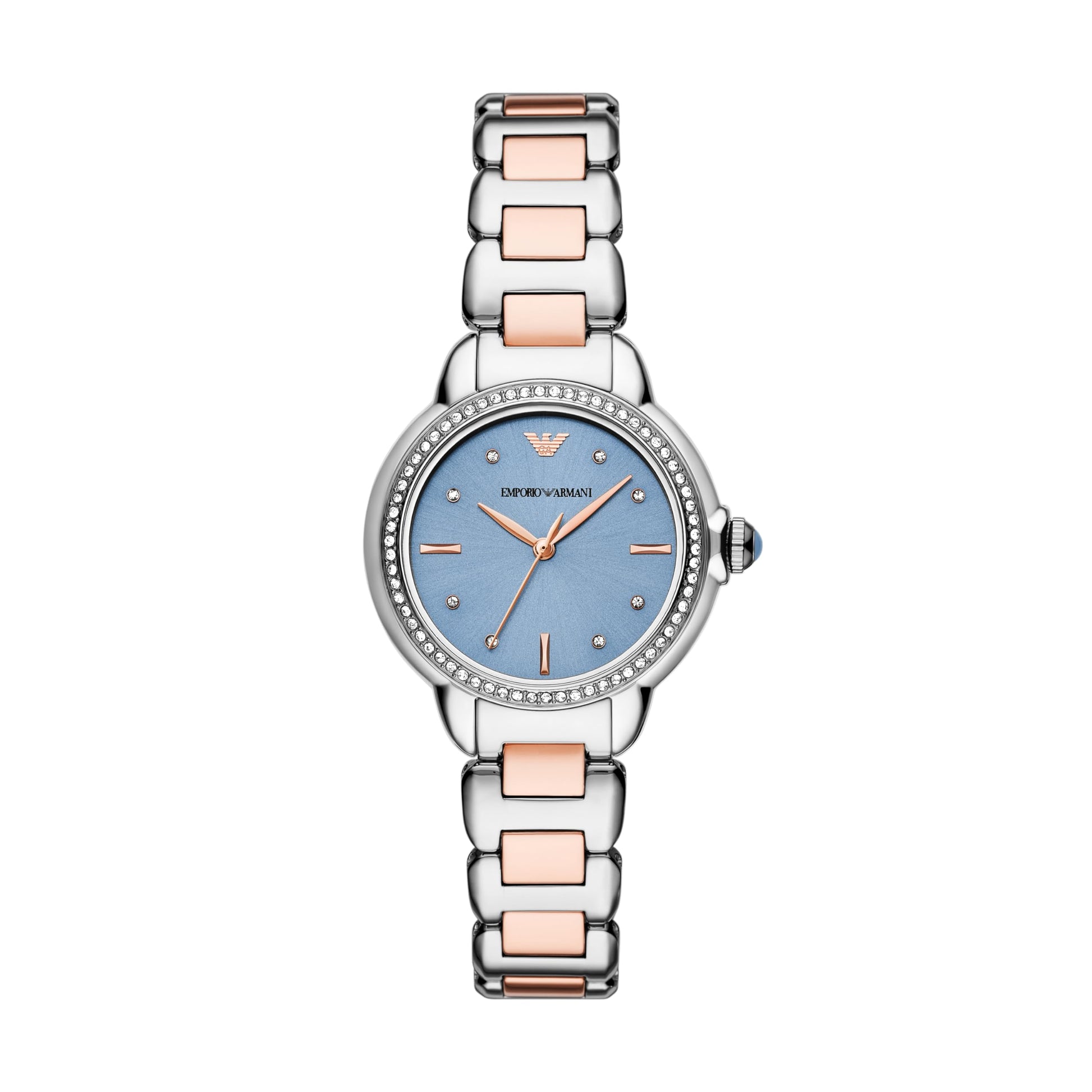 Armani AR11597 watch for women with a blue dial and stainless steel strap.