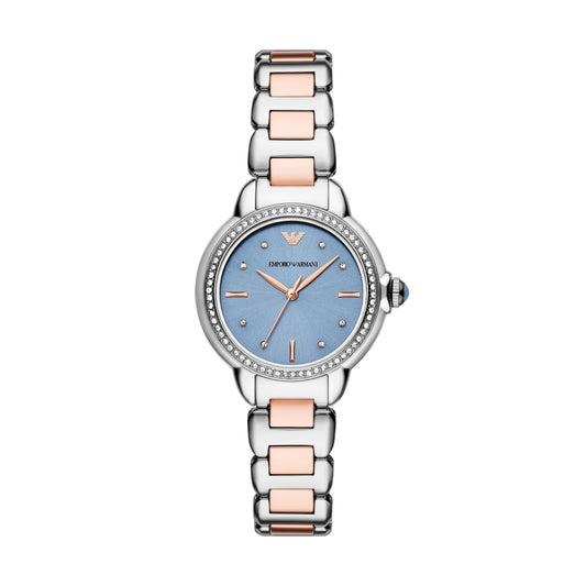 Armani AR11597 watch for women with a blue dial and stainless steel strap.