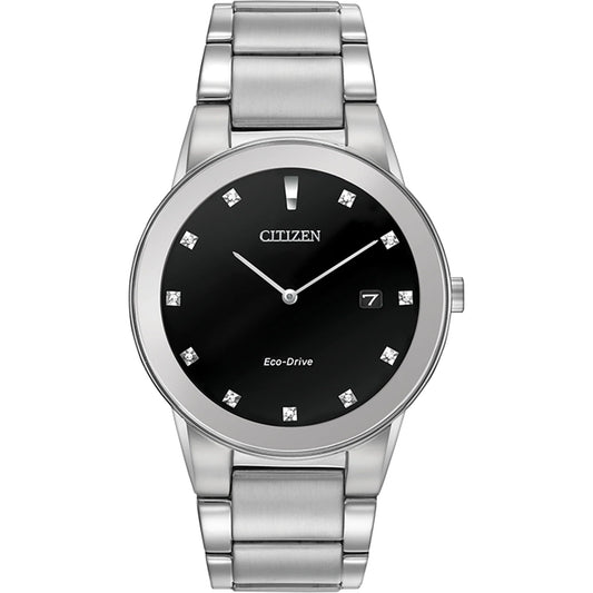 Citizen AU1060-51G watch for man with a black dial and stainless steel strap.