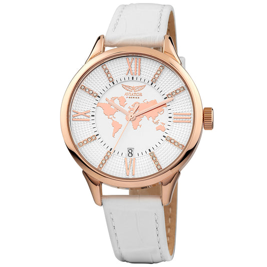Aviator AVW8636L14 watch for women with a white dial and leather strap.