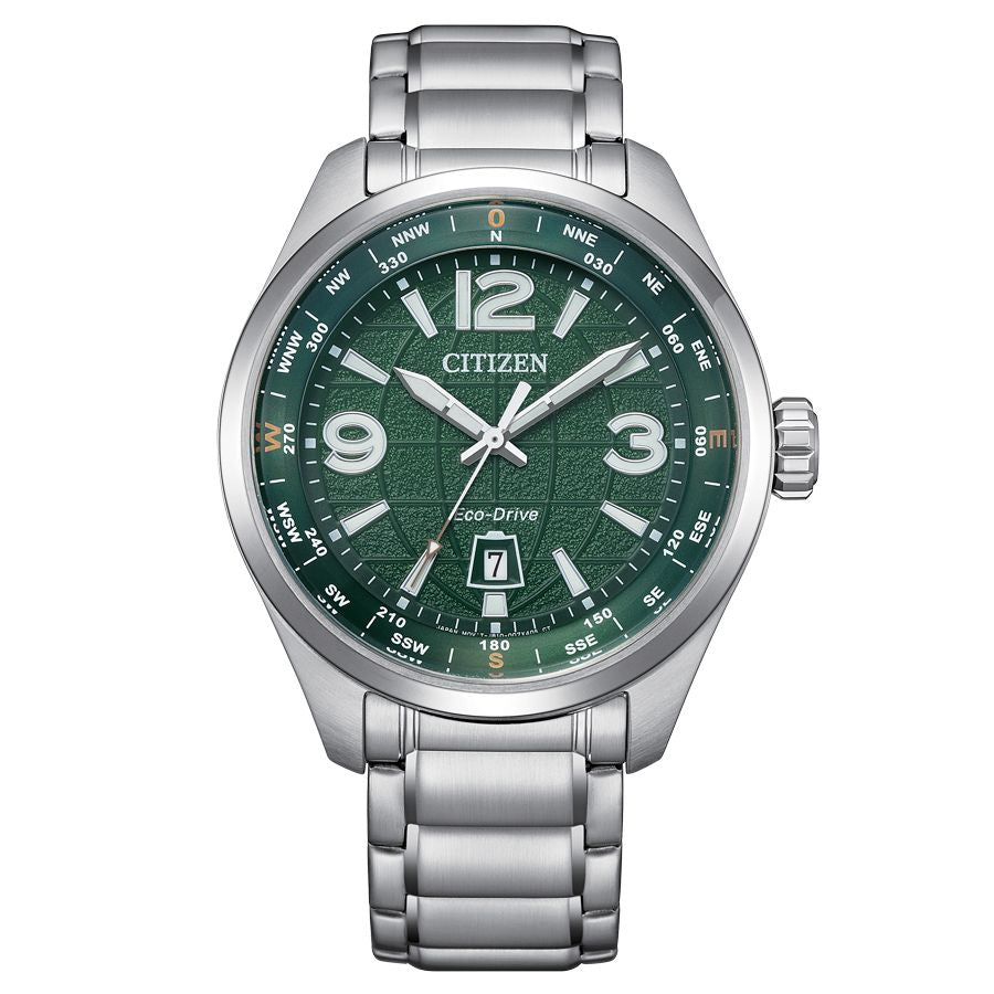 Citizen AW1830-88X watch for man with a green dial and stainless steel strap.