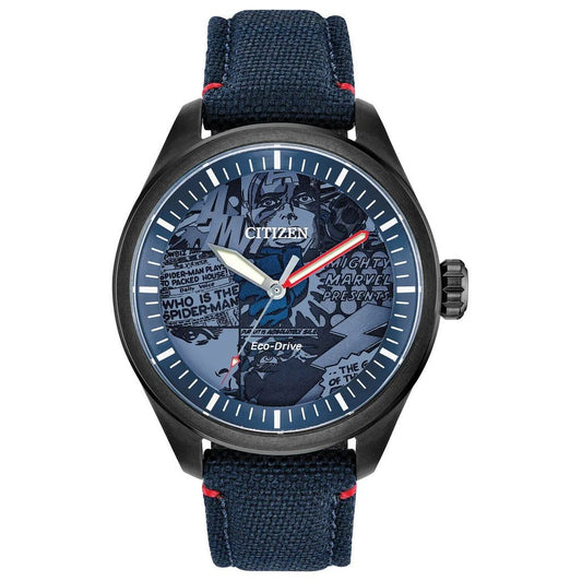 Citizen AW2037-04W watch for man with a blue dial and fabric strap.