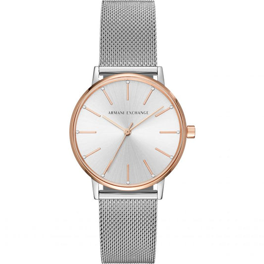 Armani Exchange AX5537 watch for women with a silver dial and stainless steel strap.