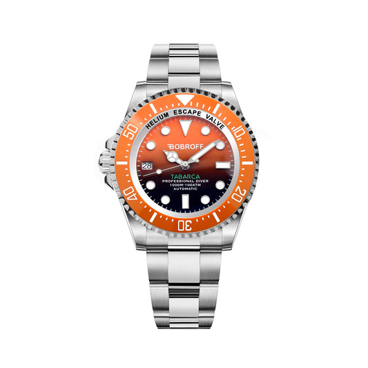 Bobroff BF0004ibn watch for man with a orange dial and stainless steel strap.