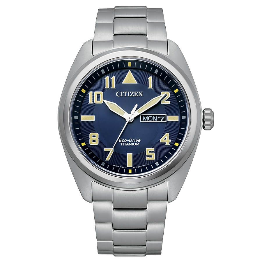 Citizen BM8560-88L watch for man with a blue dial and titanium strap.