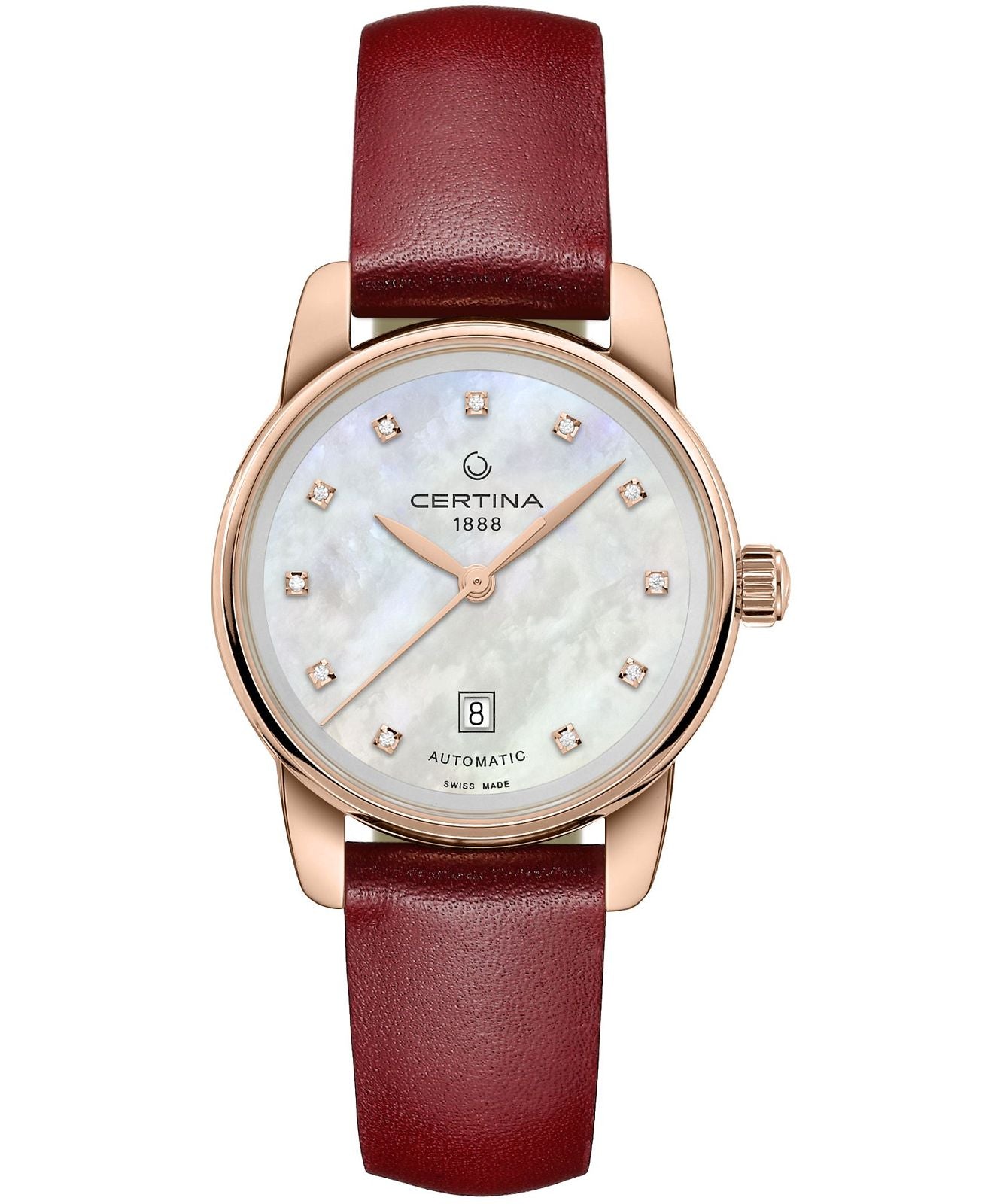 Certina C0010073611602 watch for woman with a white dial and leather strap.